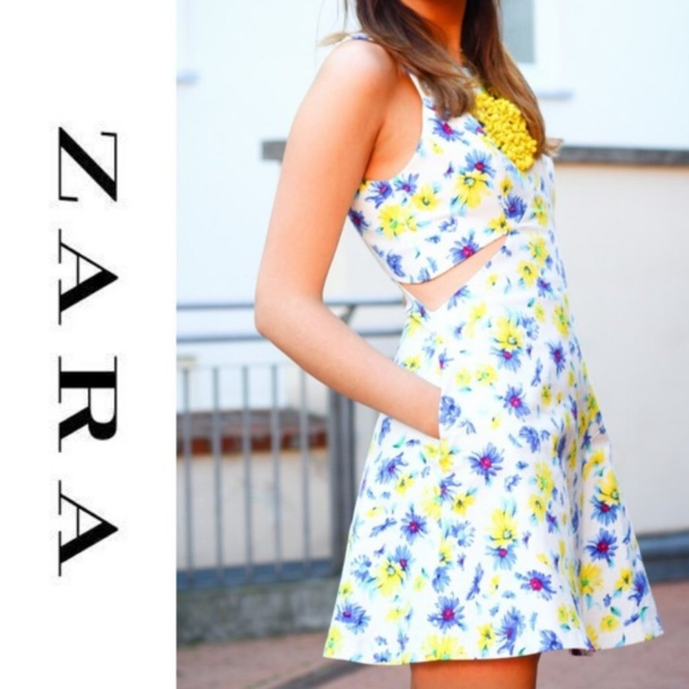 ZARA TRAFALUC White Blue Yellow Floral Cutout Dress S